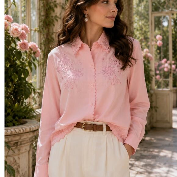 Vintage Tops - Vintage Pink Floral Embroidered Scalloped Trim Button Front Blouse size Medium